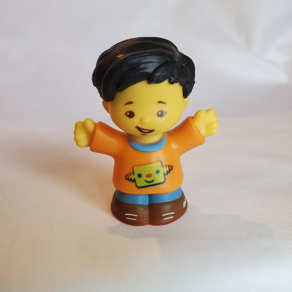 Fisher Price Little People Koby Boy With Orange Robot Shirt Black Hair